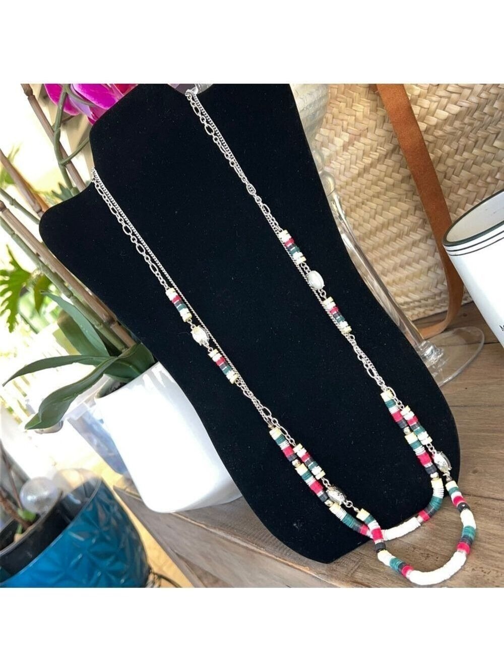 Gennaro Red Green Ivory Black Heshi Beaded Statement Necklace